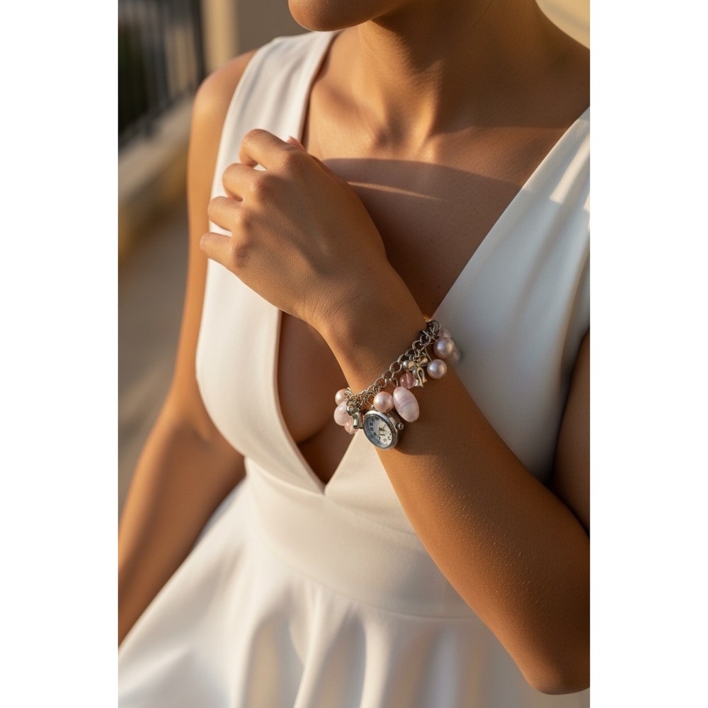 Vintage Bracelet Pearl Pink Charms Quartz Watch